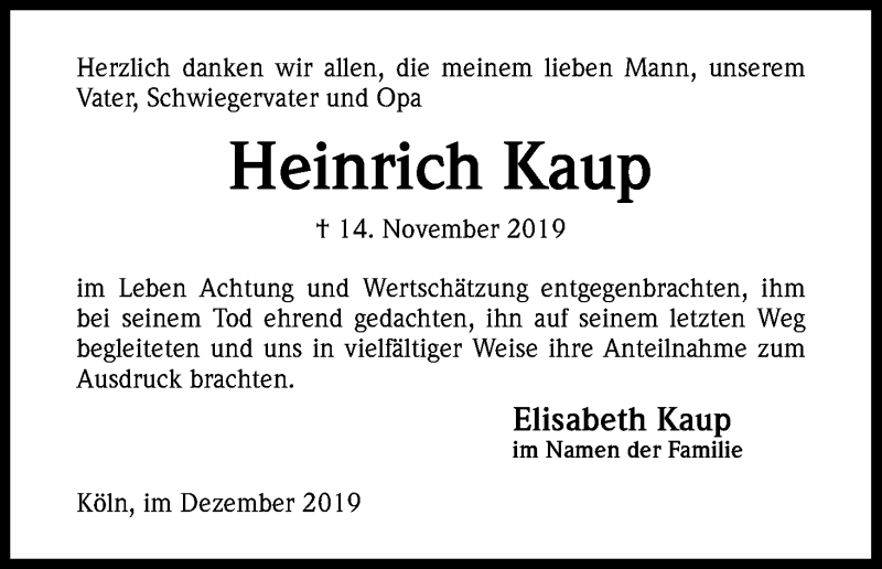  Traueranzeige für Heinrich Kaup vom 21.12.2019 aus Kölner Stadt-Anzeiger / Kölnische Rundschau / Express