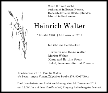 Anzeige von Heinrich Walter von Kölner Stadt-Anzeiger / Kölnische Rundschau / Express