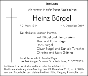 Anzeige von Heinz Bürgel von Kölner Stadt-Anzeiger / Kölnische Rundschau / Express