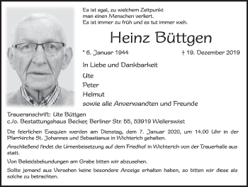 Anzeige von Heinz Büttgen von  Blickpunkt Euskirchen 