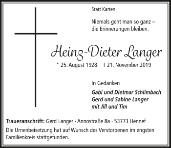 Anzeige von Heinz-Dieter Langer von  Extra Blatt 
