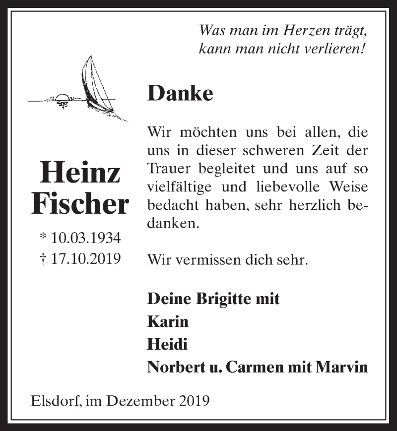  Traueranzeige für Heinz Fischer vom 23.12.2019 aus  Werbepost 