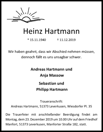 Anzeige von Heinz Hartmann von Kölner Stadt-Anzeiger / Kölnische Rundschau / Express