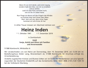 Anzeige von Heinz Inden von Kölner Stadt-Anzeiger / Kölnische Rundschau / Express