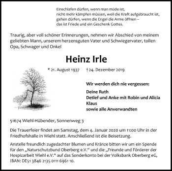 Anzeige von Heinz Irle von Kölner Stadt-Anzeiger / Kölnische Rundschau / Express