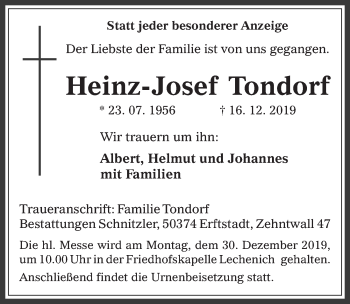Anzeige von Heinz-Josef Tondorf von  Werbepost 