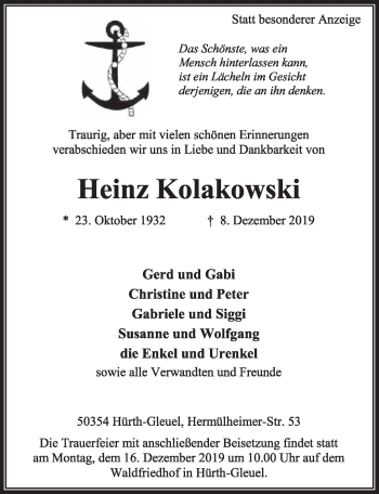 Anzeige von Heinz Kolakowski von  Sonntags-Post 