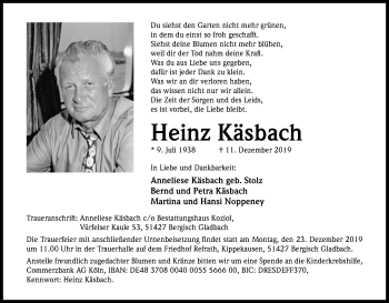 Anzeige von Heinz Käsbach von Kölner Stadt-Anzeiger / Kölnische Rundschau / Express