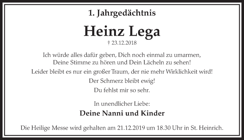  Traueranzeige für Heinz Lega vom 18.12.2019 aus  Schlossbote/Werbekurier 