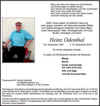 Anzeige von Heinz Odenthal von Kölner Stadt-Anzeiger / Kölnische Rundschau / Express