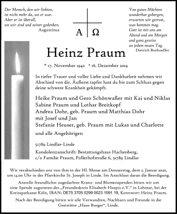Anzeige von Heinz Praum von Kölner Stadt-Anzeiger / Kölnische Rundschau / Express