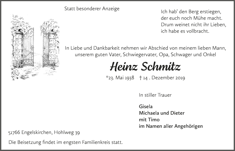  Traueranzeige für Heinz Schmitz vom 23.12.2019 aus  Anzeigen Echo 