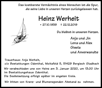 Anzeige von Heinz Werheit von Kölner Stadt-Anzeiger / Kölnische Rundschau / Express