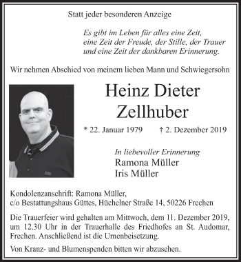 Anzeige von Heinz Dieter Zellhuber von  Sonntags-Post 