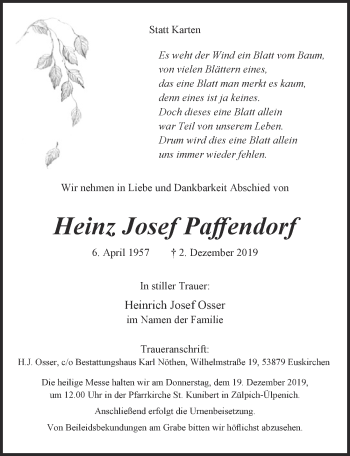Anzeige von Heinz Josef Paffendorf von  Blickpunkt Euskirchen 