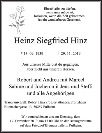 Anzeige von Heinz Siegfried Hinz von  Sonntags-Post 