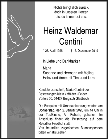 Anzeige von Heinz Waldemar Centini von Kölner Stadt-Anzeiger / Kölnische Rundschau / Express