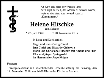 Anzeige von Helene Hitschke von Kölner Stadt-Anzeiger / Kölnische Rundschau / Express