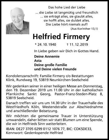 Anzeige von Helfried Firmery von Kölner Stadt-Anzeiger / Kölnische Rundschau / Express