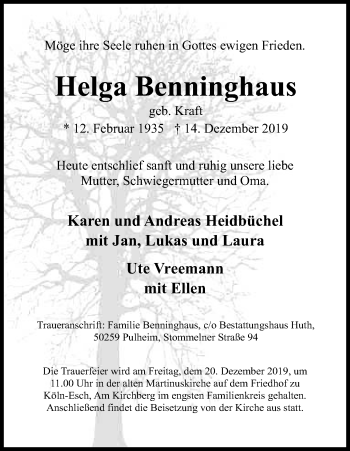 Anzeige von Helga Benninghaus von Kölner Stadt-Anzeiger / Kölnische Rundschau / Express