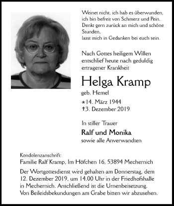 Anzeige von Helga Kramp von Kölner Stadt-Anzeiger / Kölnische Rundschau / Express