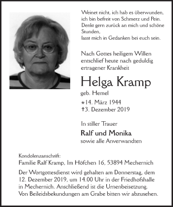 Anzeige von Helga Kramp von  Blickpunkt Euskirchen 
