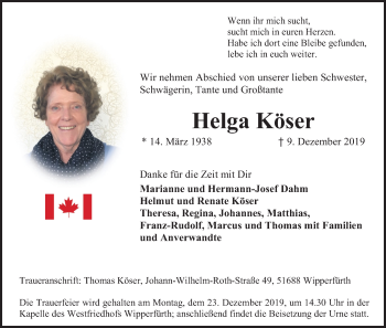 Anzeige von Helga Köser von Kölner Stadt-Anzeiger / Kölnische Rundschau / Express