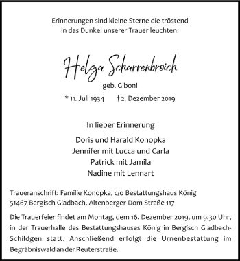 Anzeige von Helga Scharrenbroich von  Bergisches Sonntagsblatt 