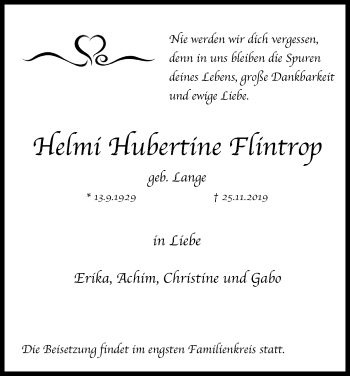 Anzeige von Helmi Hubertine Flintrop von Kölner Stadt-Anzeiger / Kölnische Rundschau / Express