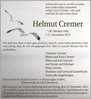 Anzeige von Helmut Cremer von  Schaufenster/Blickpunkt 