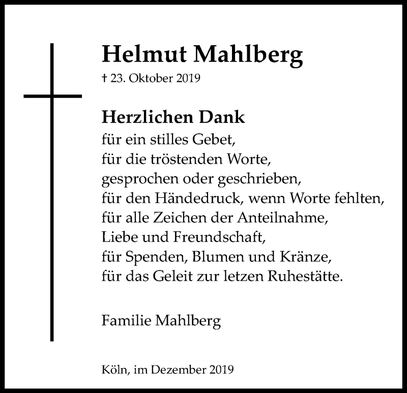  Traueranzeige für Helmut Mahlberg vom 07.12.2019 aus Kölner Stadt-Anzeiger / Kölnische Rundschau / Express
