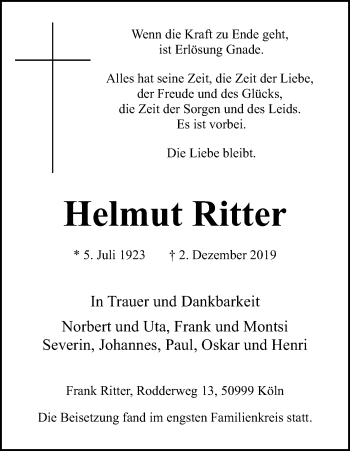 Anzeige von Helmut Ritter von Kölner Stadt-Anzeiger / Kölnische Rundschau / Express