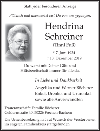 Anzeige von Hendrina Schreiner von  Sonntags-Post 