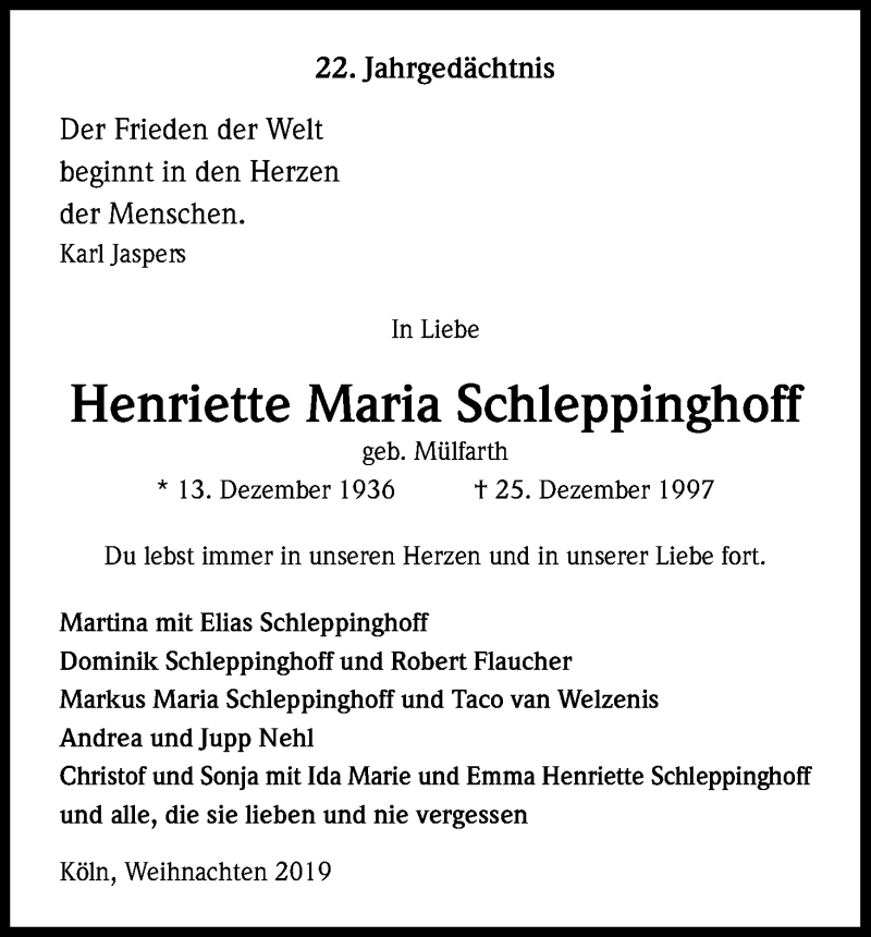  Traueranzeige für Henriette Maria Schleppinghoff vom 21.12.2019 aus Kölner Stadt-Anzeiger / Kölnische Rundschau / Express