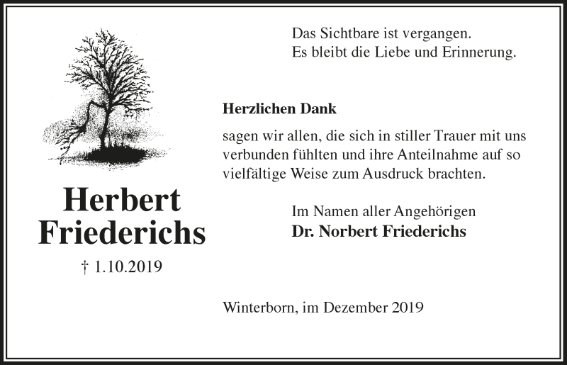  Traueranzeige für Herbert Friederichs vom 04.12.2019 aus  Lokalanzeiger 