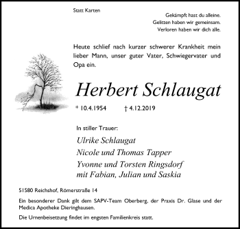 Anzeige von Herbert Schlaugat von Kölner Stadt-Anzeiger / Kölnische Rundschau / Express
