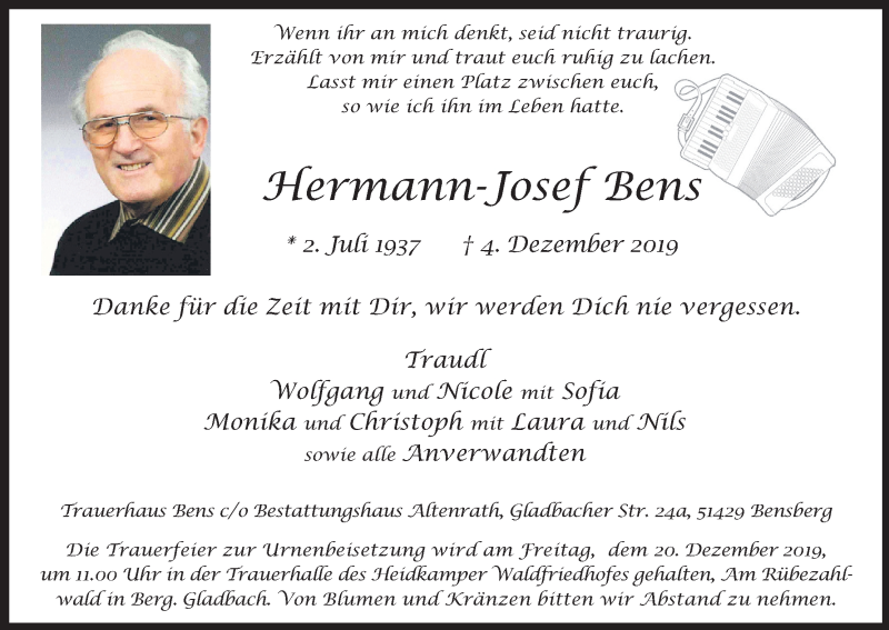  Traueranzeige für Hermann-Josef Bens vom 13.12.2019 aus Kölner Stadt-Anzeiger / Kölnische Rundschau / Express