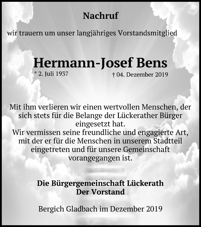  Traueranzeige für Hermann-Josef Bens vom 21.12.2019 aus Kölner Stadt-Anzeiger / Kölnische Rundschau / Express