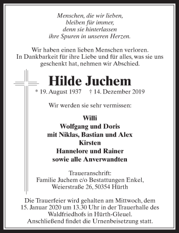 Anzeige von Hilde Juchem von  Wochenende 