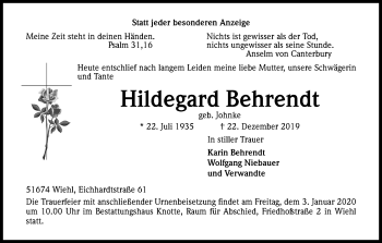 Anzeige von Hildegard Behrendt von Kölner Stadt-Anzeiger / Kölnische Rundschau / Express