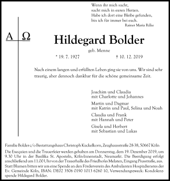 Anzeige von Hildegard Bolder von Kölner Stadt-Anzeiger / Kölnische Rundschau / Express