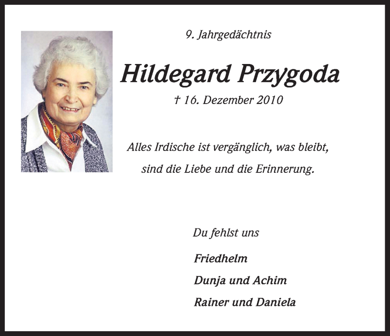  Traueranzeige für Hildegard Przygoda vom 16.12.2019 aus Kölner Stadt-Anzeiger / Kölnische Rundschau / Express