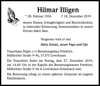 Anzeige von Hilmar Illigen von Kölner Stadt-Anzeiger / Kölnische Rundschau / Express