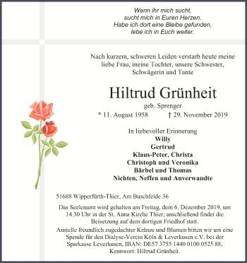 Anzeige von Hiltrud Grünheit von Kölner Stadt-Anzeiger / Kölnische Rundschau / Express
