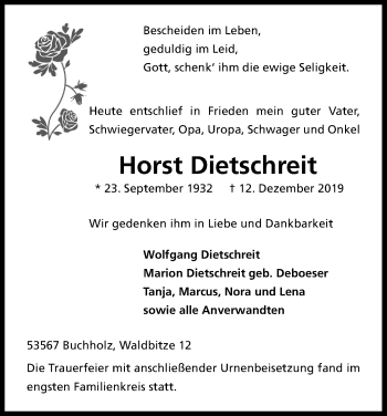 Anzeige von Horst Dietschreit von Kölner Stadt-Anzeiger / Kölnische Rundschau / Express