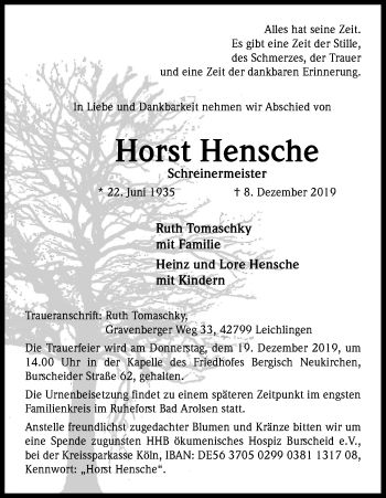Anzeige von Horst Hensche von Kölner Stadt-Anzeiger / Kölnische Rundschau / Express