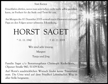 Anzeige von Horst Saget von Kölner Stadt-Anzeiger / Kölnische Rundschau / Express