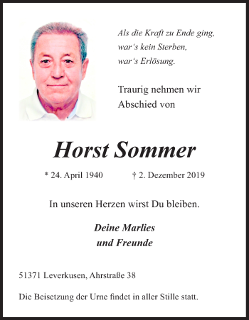 Anzeige von Horst Sommer von Kölner Stadt-Anzeiger / Kölnische Rundschau / Express