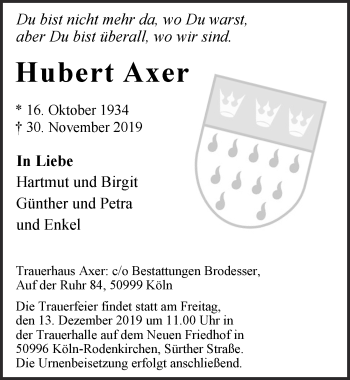 Anzeige von Hubert Axer von  Kölner Wochenspiegel 