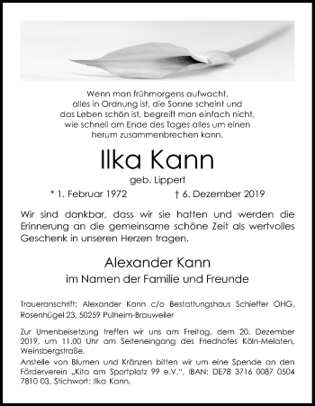 Anzeige von Ilka Kann von Kölner Stadt-Anzeiger / Kölnische Rundschau / Express